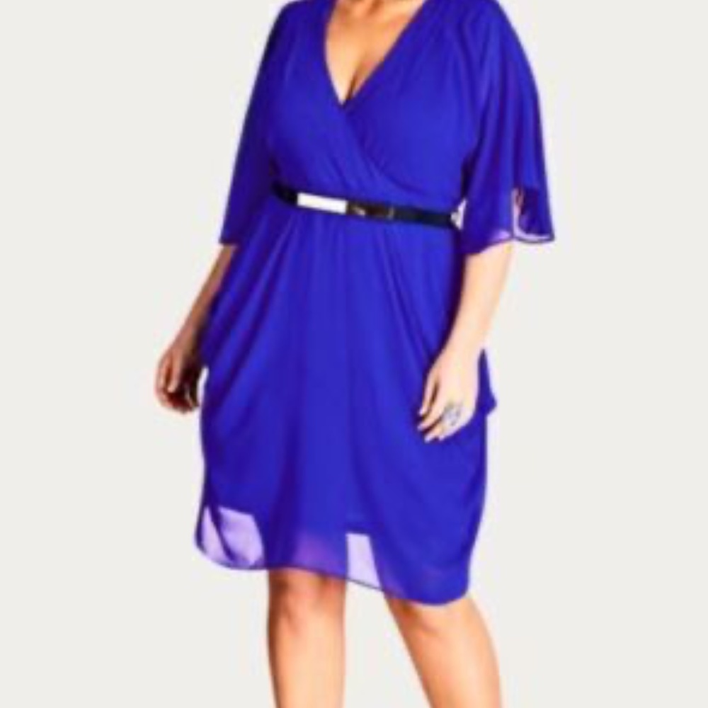 Plus-Size Royal Blue V-Neck Belted Dress